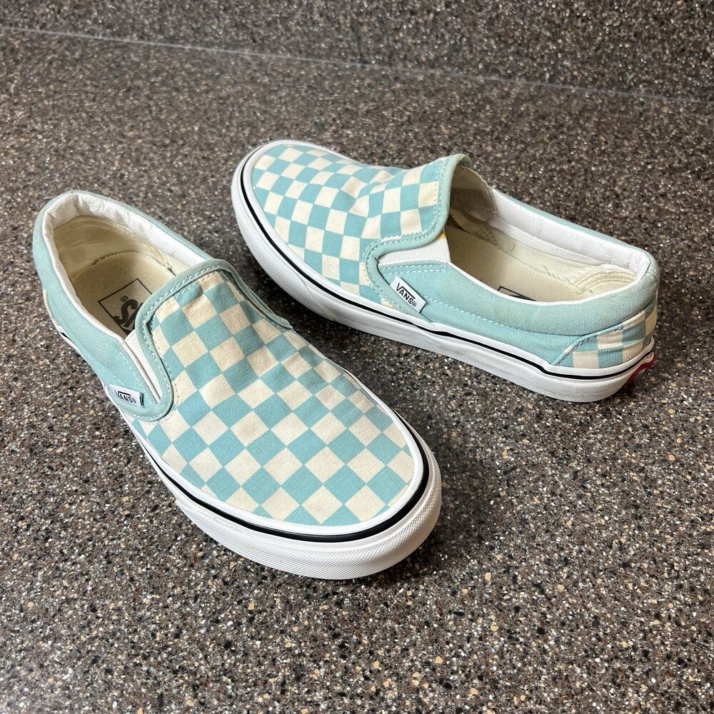 Vans Classic Slip On Skate Shoes Canvas Bluegreen Check Print Womens 7.5 Sneaker